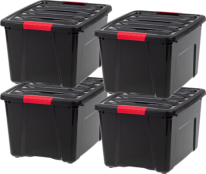 IRIS USA 40 Qt Stackable Plastic Storage Bins with Lids, 4 Pack - BPA-Free, Made in USA - Garage Organizing Solution, Latches