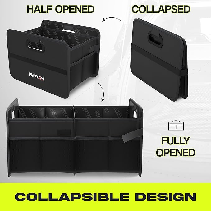 FORTEM Car Trunk Organizer, Collapsible Two Compartment Organizer, Foldable SUV & Truck Storage for Car Accessories for