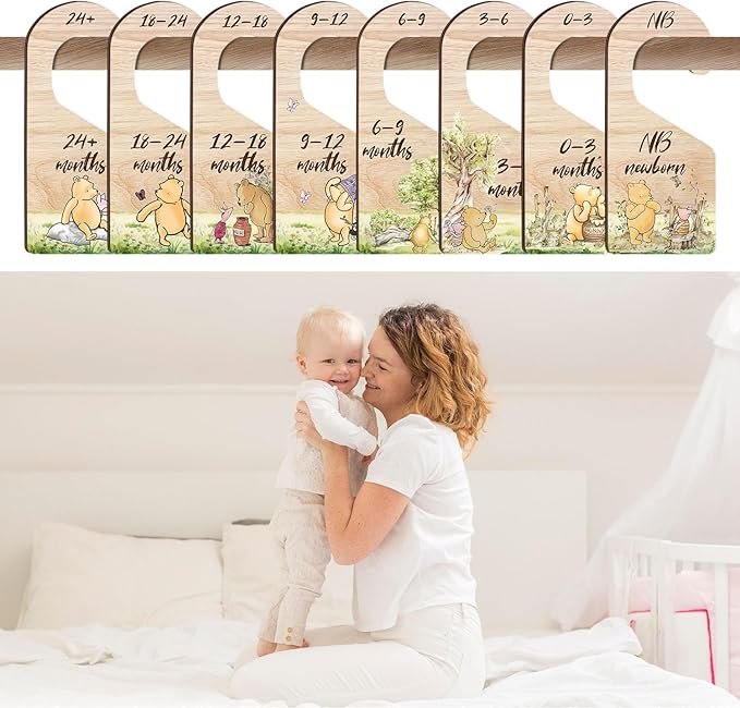 8PCS Classic Winnie Baby Closet Dividers for Newborn, the Pooh Baby Nursery Decor Wooden Hanger, Winnie Clothes Dividers for 
