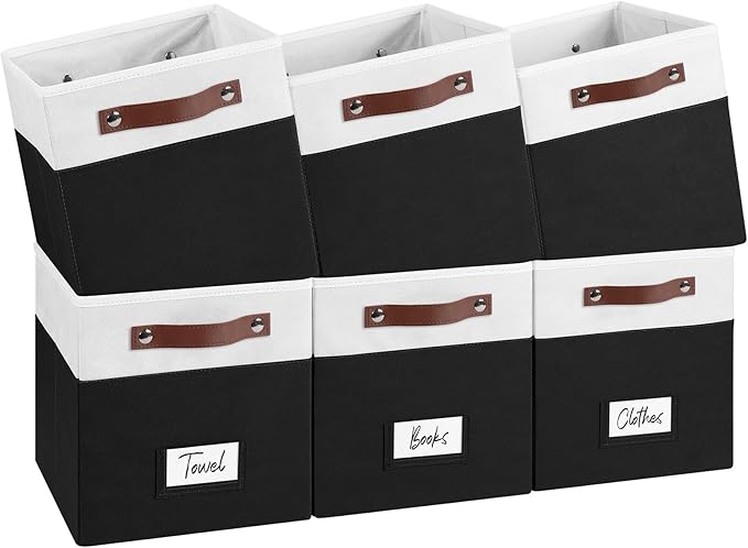 FinishingBo 6-Pack Storage Cubes with Handles & Label Holders Basket, Closet Cube Home Organizer Bins(White/Black, 10.5 x 10.