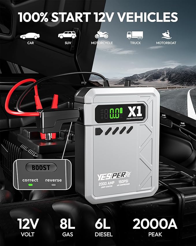 YESPER Jump Starter with Air Compressor 2000A 150PSI Battery Jumper Starter Portable(8L Gas/6L Diesel) 12V Car Jump Pack