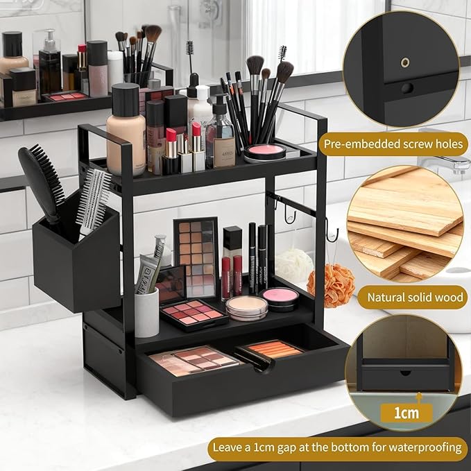 2-Tired Bathroom Counter Organizers and Storage, Coffee Bar Organizer with Drawer, Solid Wood Skincare Perfume Organizer for 