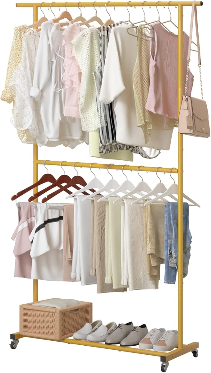 Sywhitta Double Rod Clothing Garment Rack, Rolling Clothes Organizer on Wheels for Hanging Clothes, Easy to Assemble, Adjusta