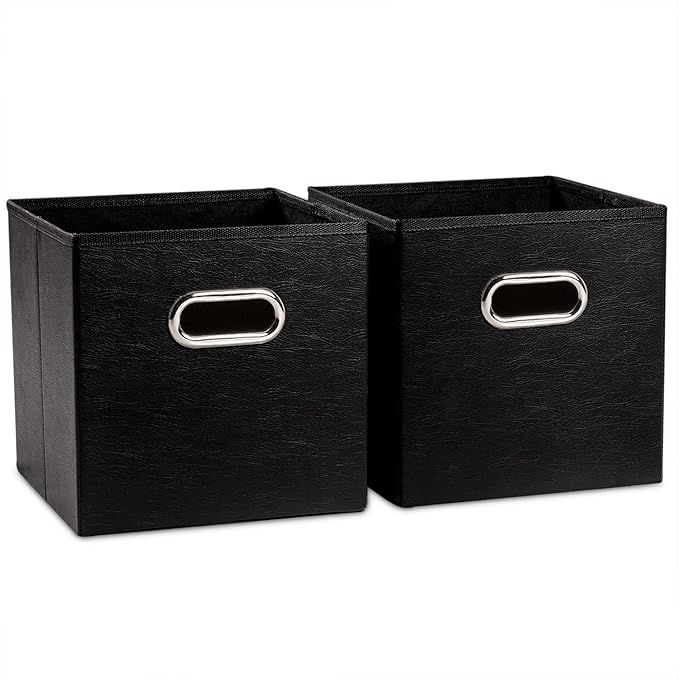 PRANDOM Leather Foldable Cube Storage Bins 11x11 inch [2-Pack] Fabric Storage Baskets Cubes Drawer with Cotton Handles Organi
