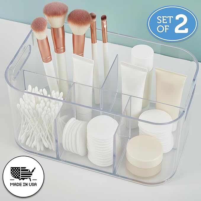 STORi Bliss 5-Compartment Plastic Cosmetics Storage Organizer, Set of 2 | Clear | Rectangular Divided Makeup Bin & Vanity Cad