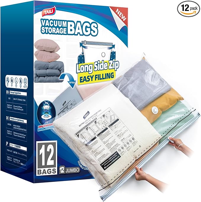 TAILI 12 Pack Vacuum Storage Bags, LONG SIDE ZIP (39x28 inch) Vacuum Seal Bags for Clothing, Jumbo Storage Space Saver for Be