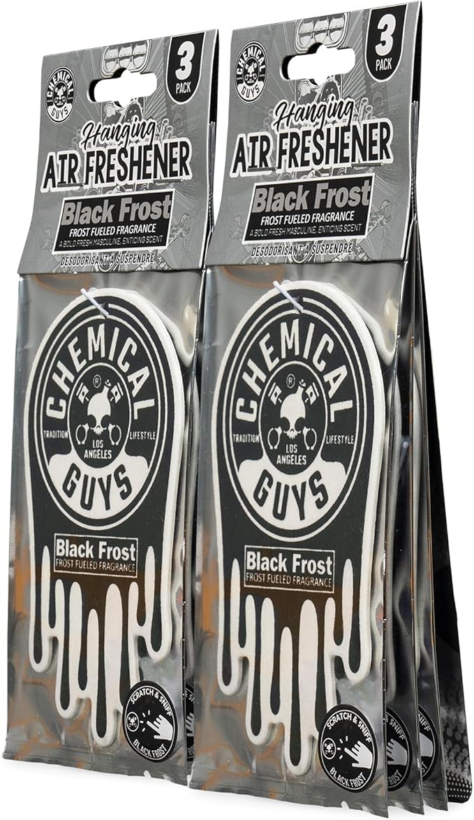 Chemical Guys Hanging Air Freshener, Black Frost Scent 6 Pack, Great for Cars, Trucks, SUVs, RVs, Home, Garage, Workspace, Do