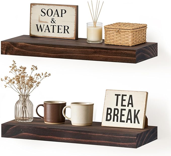 Floating Wall Shelf 16x6.8x1.7 Inch – Solid Wood Shelf in Walnut Finish – Wall Mounted Rustic Display Organizer for Bathroom,