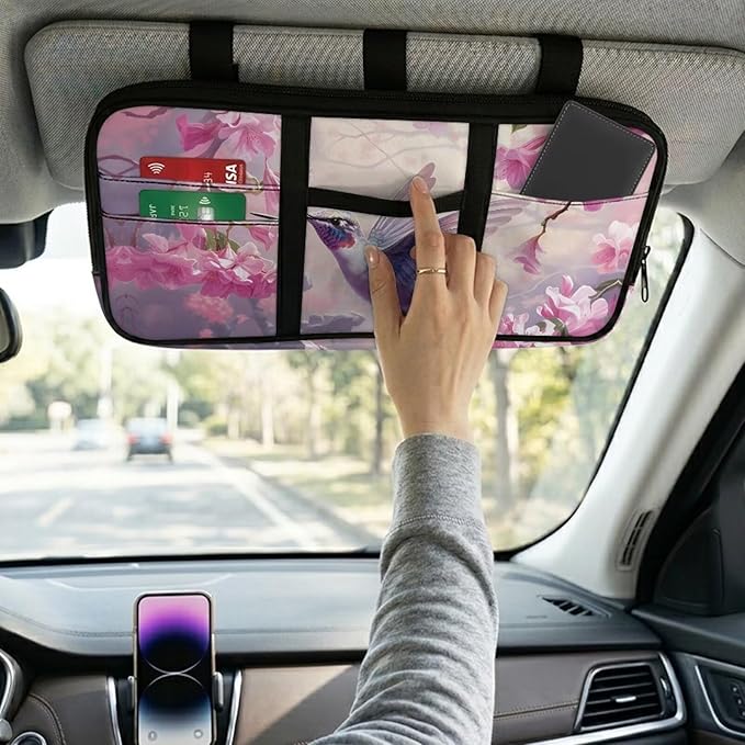 Hummingbird Car Sun Visor Organizer, Zipper Visor Organizer Storage Pouch, Card Holder, Adjustable Elastic Bands for Most Vehicles, Suvs & Trucks Scratch-Resistant Auto Interior Accessories