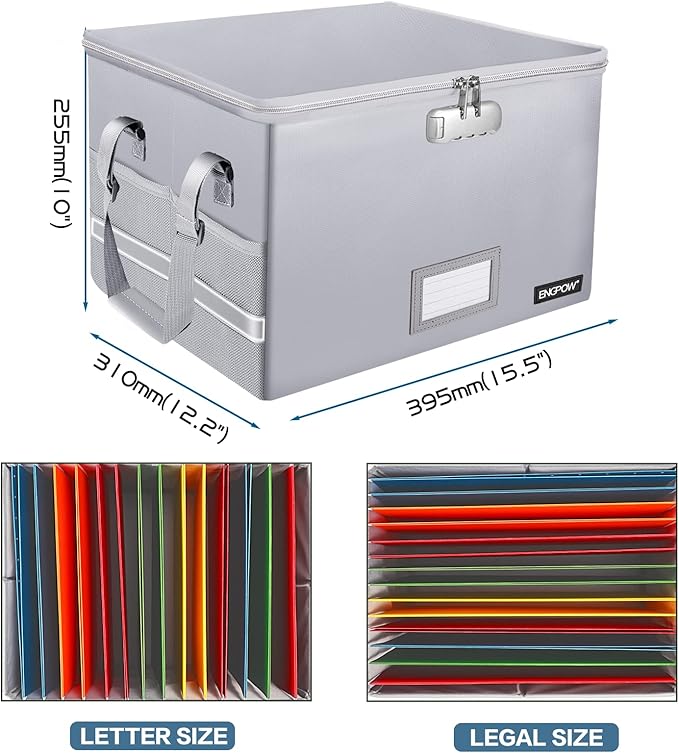 ENGPOW File Box with Lock, Fireproof Document Box with Pockets, Collapsible File Organizer Filing Storage Cabinet with Handle