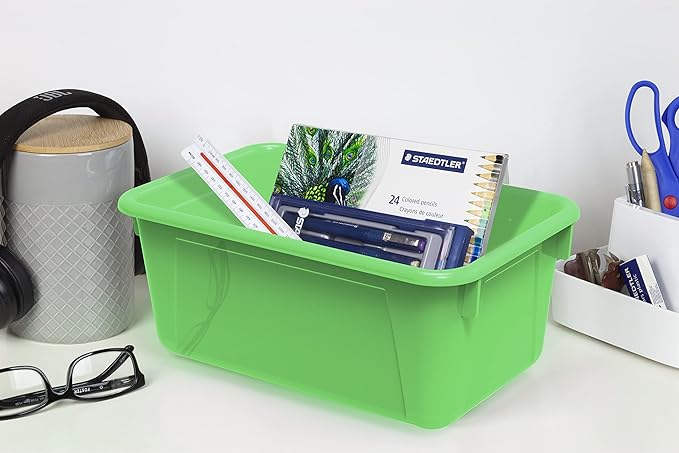 Storex Small Cubby Bins – Plastic Storage Containers for Classroom with Non-Snap Lid, 12.2 x 7.8 x 5.1 inches, Green, (62409U