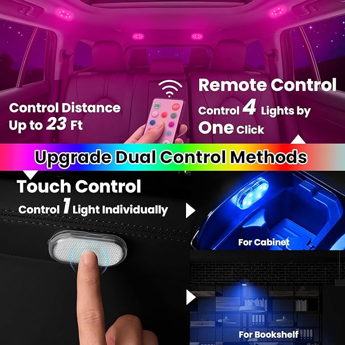 4PCS Wireless Car Led Ambient Lights, 7 Colors RGB Car Interior Light with Remote & Touch Control, Magnetic Rechargeable Type-C Mini LED Light for Cars, Cabinet, Wardrobe