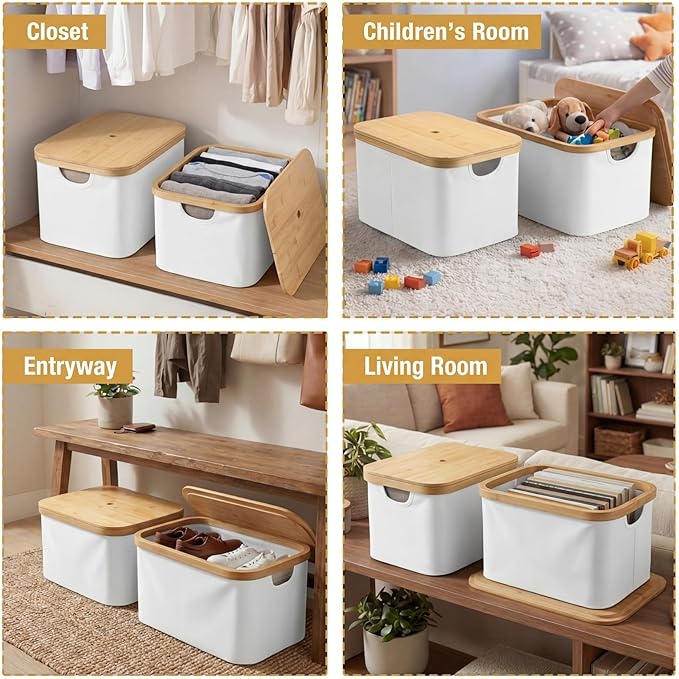Novabright 2 Pcs Collapsible Storage Basket with Bamboo Lids 15" x 10" Foldable Fabric Storage Bins with Handles for Organizi