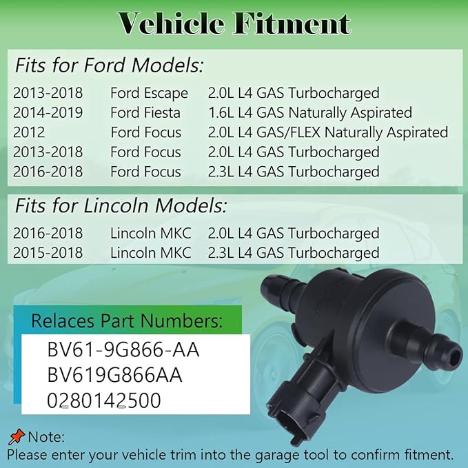 Vapor Canister Purge Valve BV619G866AA Compatible with 2013-2018 Ford Escape, 2014-2019 Fiesta, 2013-2018 Focus, 2015-2018 Li