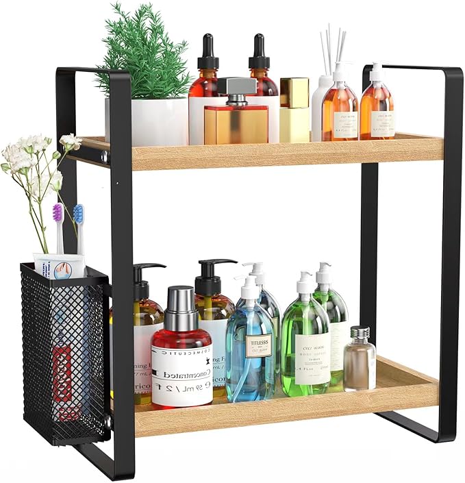 LEMIKKLE 2-Tier Wood Bathroom Counter Organizer with Basket,Waterproof Vanity Perfume Skincare Storage for Bathroom, Kitchen,