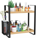 LEMIKKLE 2-Tier Wood Bathroom Counter Organizer with Basket,Waterproof Vanity Perfume Skincare Storage for Bathroom, Kitchen,