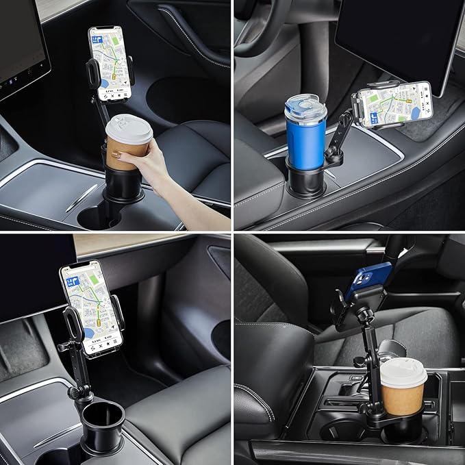 THIS HILL 2-in-1 Cup Holder and Cell Phone Holder - with 360° Rotating Stand and Adjustable Base for All iPhone Models and Sm
