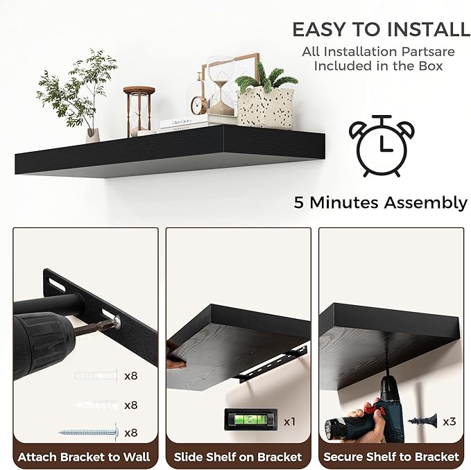 Floating Shelves for Wall, 40" W x 12" D x 2" H, 1 Pack of Long Wall Mounted Engineered Wood Shelves with Invisible Brackets 