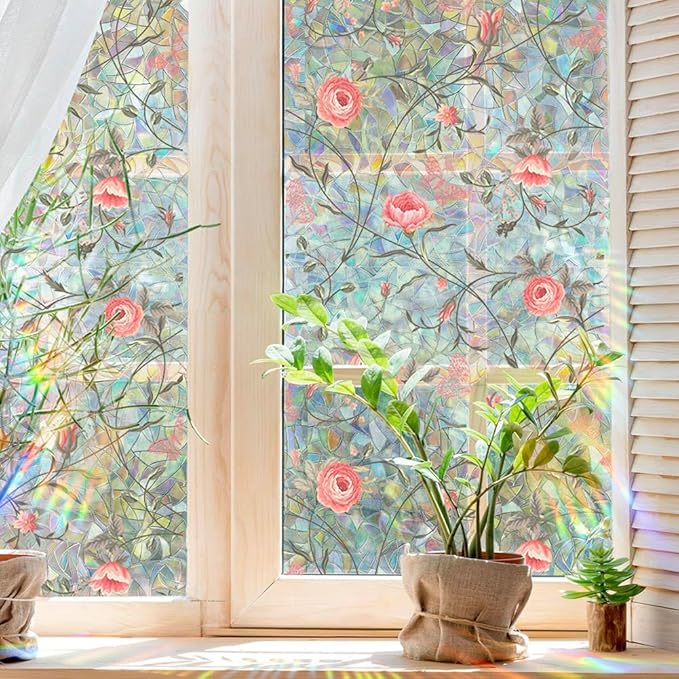 Retro Rose Window Privacy Film,Stained Glass Decals Red Rose Privacy Rainbow Decals Living Room Sun Blocking Decor Removable Static Cling Stickers,16.93x39.37inch