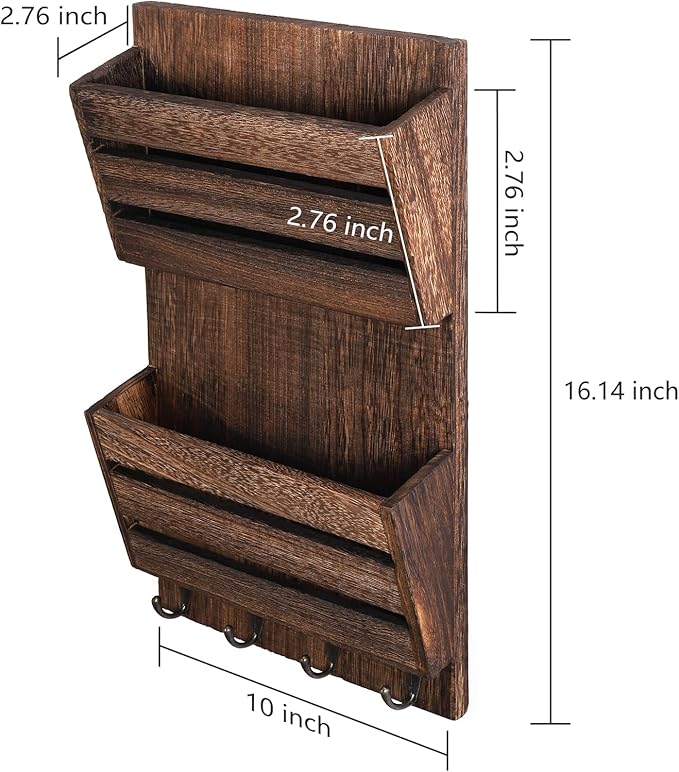 MOOACE Mail Organizer Wall Mount with Key Hooks, 2-Slot Wood Mail and Key Holder, Wall File Organizer Office Letter Folder Ac