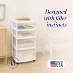 HOMZ Drawer Tower, 4-Tier Clear Plastic Storage Organizer Cart, White Frame – Rolling Containers with Wheels for Bathroom, Be