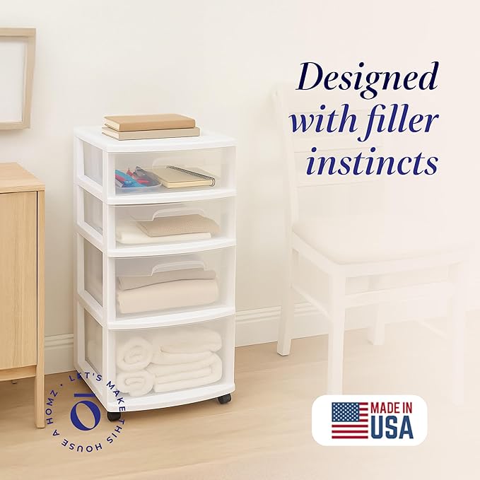 HOMZ Drawer Tower, 4-Tier Clear Plastic Storage Organizer Cart, White Frame – Rolling Containers with Wheels for Bathroom, Be