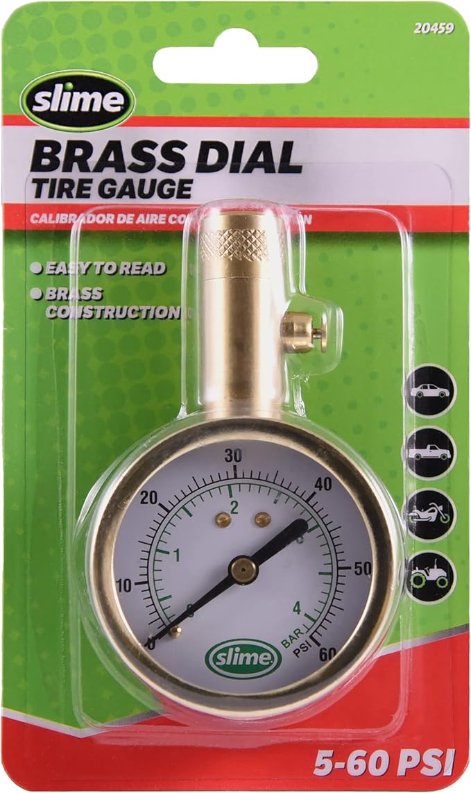 Slime 20459 Tire Pressure Gauge, Dial, Analogue, Brass Tire Gauge (5-60 psi)