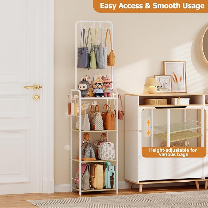 Tall Purse Organizer Stand with 3-Tier Thick Wood + 1-Tier High-Density Mesh, Adjustable Interchangeable, Slim Narrow Freesta
