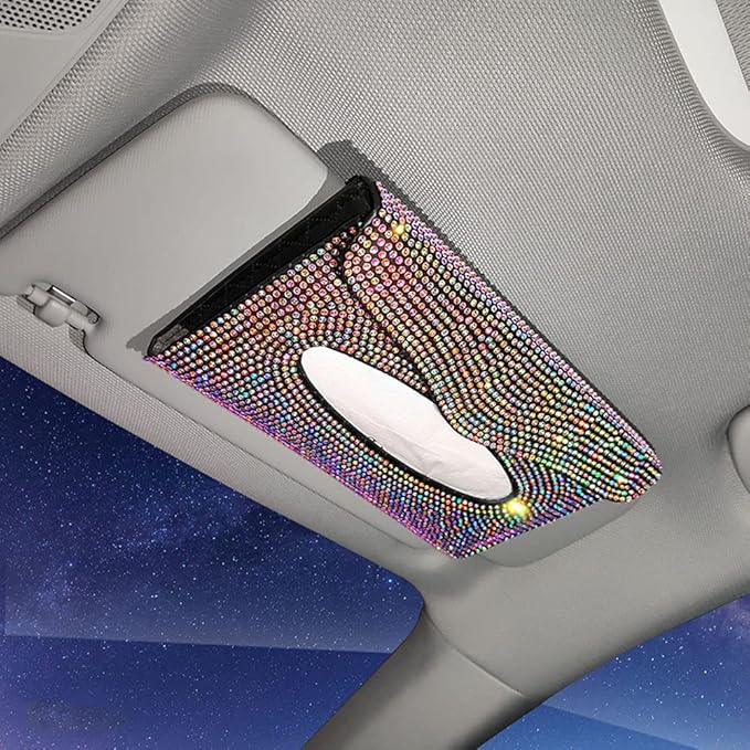 Bling Car Sun Visor Tissue Box Holder Pure Hand-Made Sparkling Crystal Auto Napkin Holder PU Leather Backseat Tissue Case for Women (Colorful)
