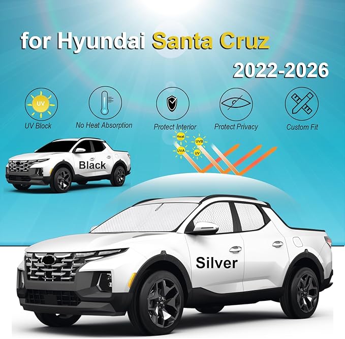 KMF 5pcs Thicken Car Sun Shades for Hyundai Santa Cruz 2022-2025 2026 Accessories, Car Window Covers Sunshade for Windshield Side Rear, Truck UV Block and Privacy Blackout for Camping