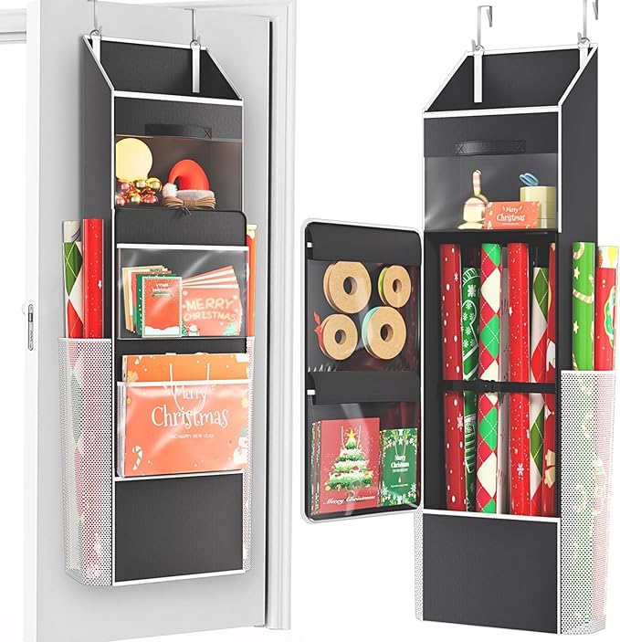 Ofiray-home 2-in-1 Wrapping Paper Organizer Storage, Over Door or Under Bed Organizer with Removable Drawer & 4 Clear Pockets