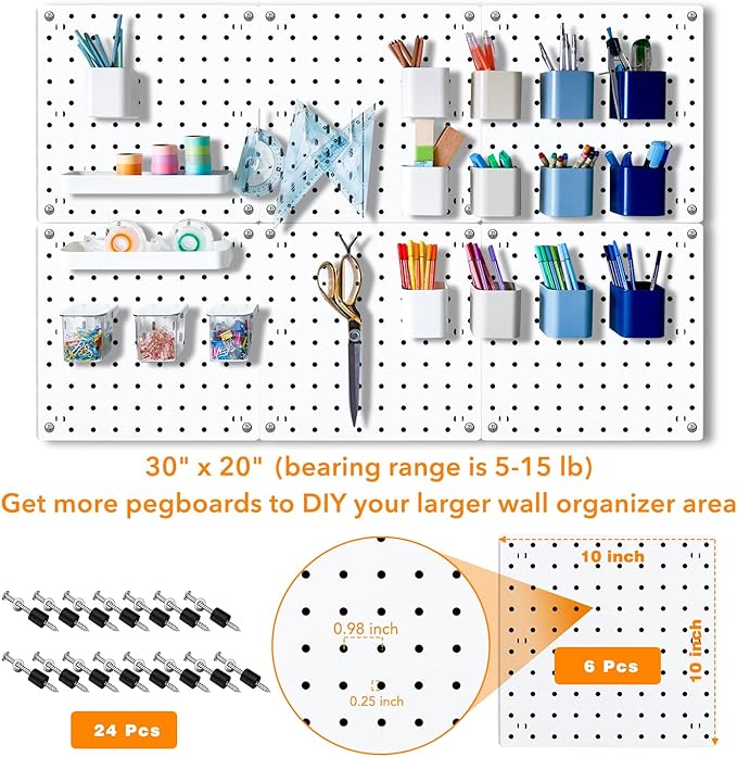 6Pcs Pegboard, Peg Board, Pegboard Wall Organizer, Mount Display Pegboard Kits fit Pegboard Storage, Small Pegboard for Craft