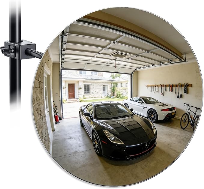 11.65" Wide‑Angle HD Convex Mirror with Crab Clamp Base - Acrylic Safety Security Traffic Corner Mirror for Room Garage, Driveway, Warehouse, Office, Store, Fisheye, Indoor, Outdoor, Clamp-Mount
