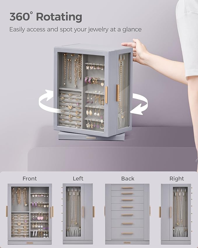 Glimmloop 360° Rotating Jewelry Box with 7 Drawers, Spacious Vertical Jewelry Organizer with Glass Window, Jewelry Storage Ca