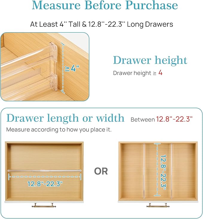 Vtopmart 12 Pack 4" Regular Upgrade Drawer Dividers for Clothes, 12.8"-22.3" Expandable Dresser Drawer Organizer, Clear Plast