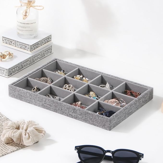 Stackable Jewelry Organizer Tray For Drawers,White Leather Small Earring Storage Tray,Bracelet And Necklace Display Box,Jewel