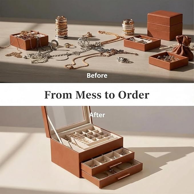 Jewelry Box Organizer with Glass Lid, 3-Layer with Double Drawers, Luxury Velvet Lined Desktop Display Case for Earrings Ring