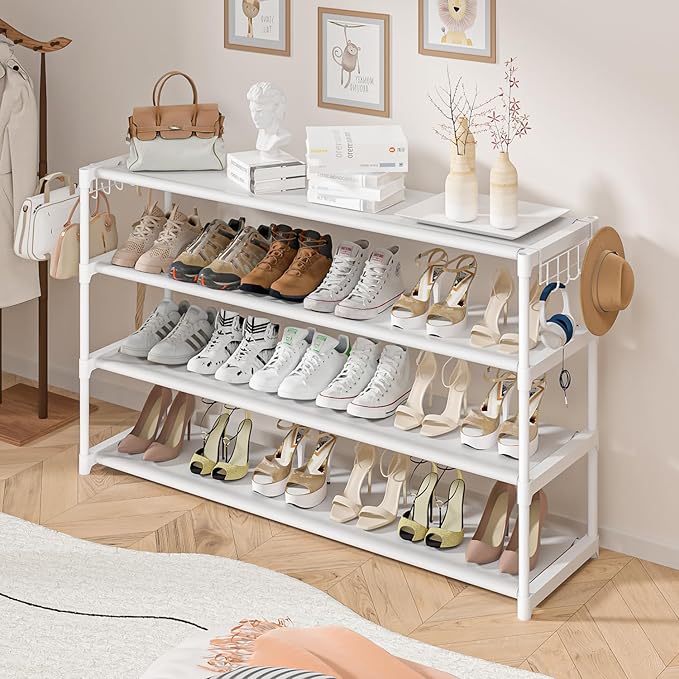 LUKYTOWER Extra Long Shoe Rack 4 Tier Shoe Storage Organizer with 2 Hooks, Wide Stackable Shoe Organizer Racks for Closet Ent