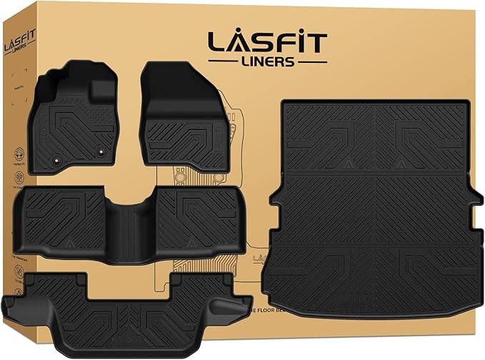 LASFIT Floor Mats & Cargo with Backrest Mat for Ford Explorer 2015-2019 7 Seats All Weather Protector TPE Easy Clean Car Floor Liner Custom Fit for 5-pc Full Set Black