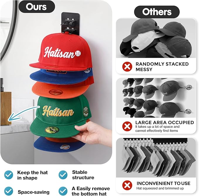 4 Pack Hat Organizer for Baseball Caps, Detachable DIY Hat Rack for Wall Hat Holder Hold up to 44 Hats, Baseball Cap Organize