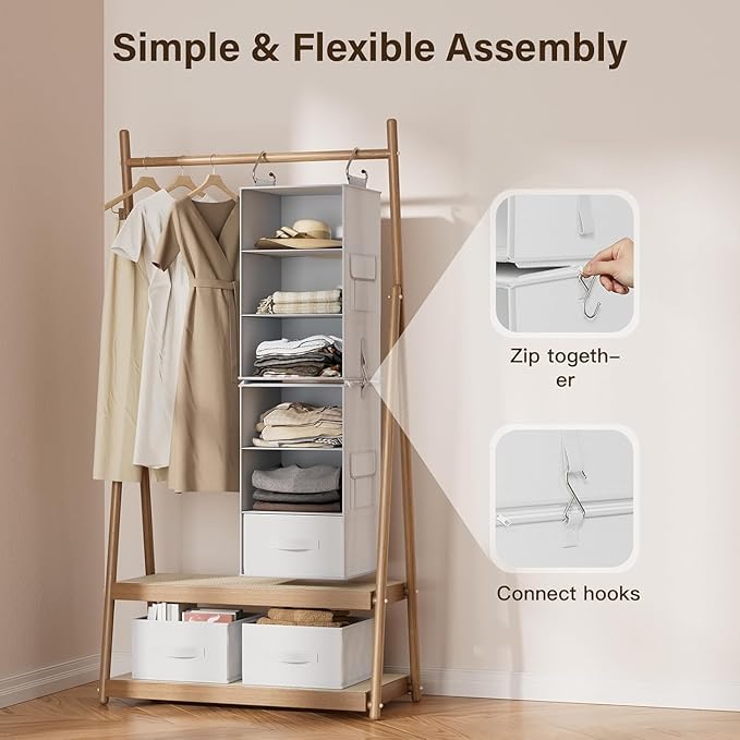 Pipishell 6-Shelf Hanging Closet Organizer with 2 Separable 3-Tier Shelves, 3 Drawers & Side Pockets Closet Organizers and St