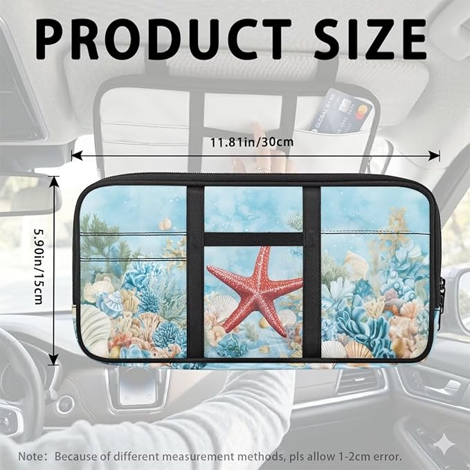 Cute Starfish Car Sun Visor Organizer with Big Zipper Pocket Car Sun Visor Storage Bag Easy Installation Universal Size Fit for Most Cars SUV