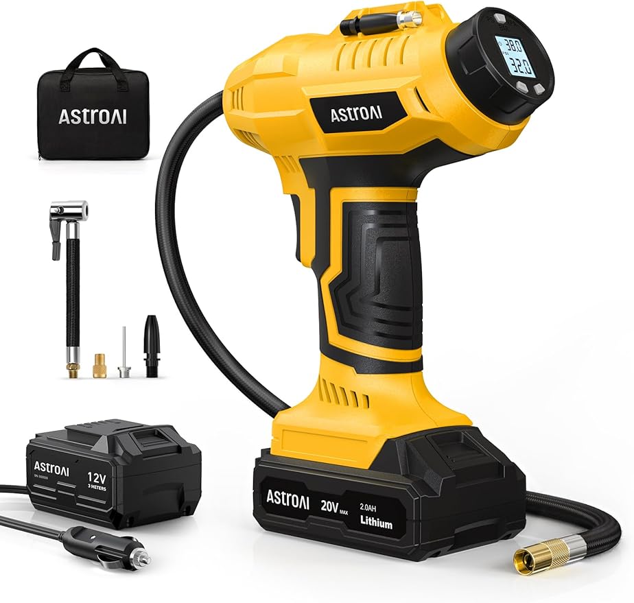 AstroAI Cordless Tire Inflator Air Compressor 20V Rechargeable Battery Powered 160PSI Portable Air Pump with 12V Car Power Adapter Digital Pressure Gauge for Cars Motorcycles JY16P160-18（C2）Yellow