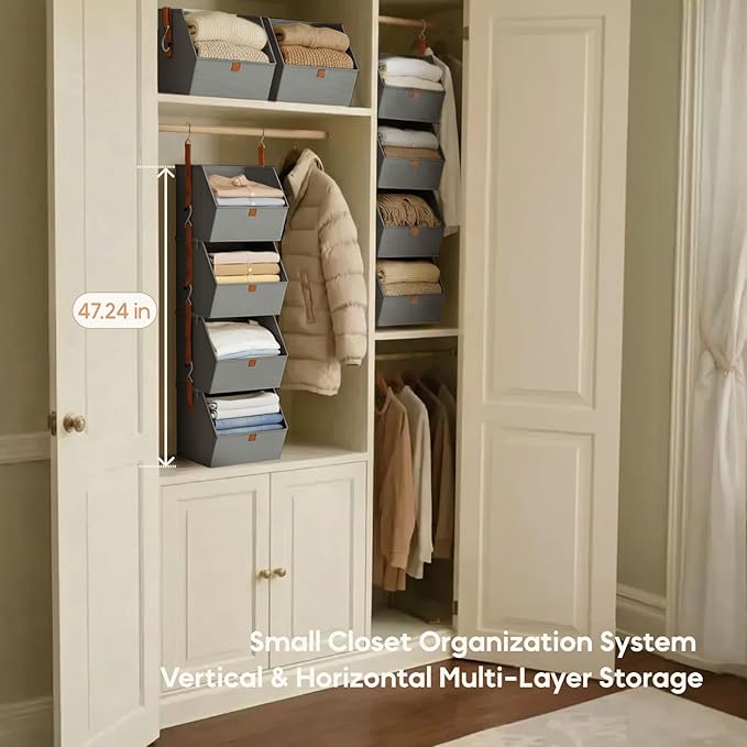 Homsorout Hanging Closet Organizer 4 Tier - Clothes Hanging Shelves, Space-Saving Closet System, Fabric Storage Bins Bedroom 