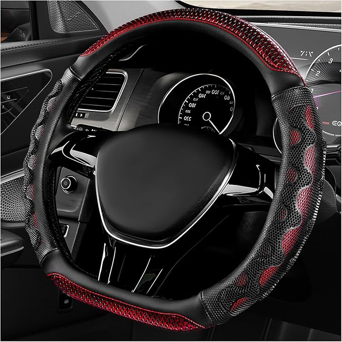D-Shaped Steering Wheel Cover, Leather Car Wheel Protector with 3D Honeycomb Anti-Slip Design, Universal Breathable Comfy Cov