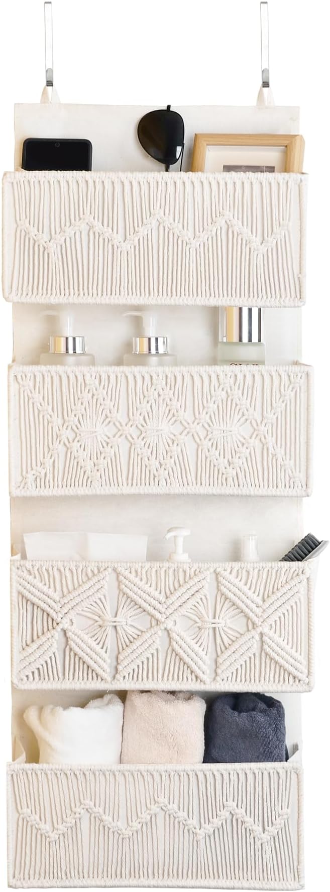 janebeauties Over the Door Organizer Macrame Boho Nursery Storage with 4 Large Woven Pockets, Hanging Basket for Bathroom, Nu