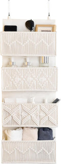 janebeauties Over the Door Organizer Macrame Boho Nursery Storage with 4 Large Woven Pockets, Hanging Basket for Bathroom, Nu