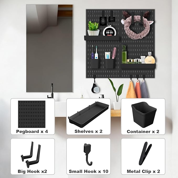 Wall Organizer Pegboard Kit, Wall Control Peg Board with 18 Pcs Accessories, 4 Pack Plastic Wall Mount Display Storage Panels