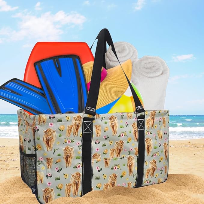 NGIL Extra Large Utility Tote Reusable Grocery Bag Oversized Collapsible for Groceries, Storage, Picnic, Beach (Floral Cow-Black)