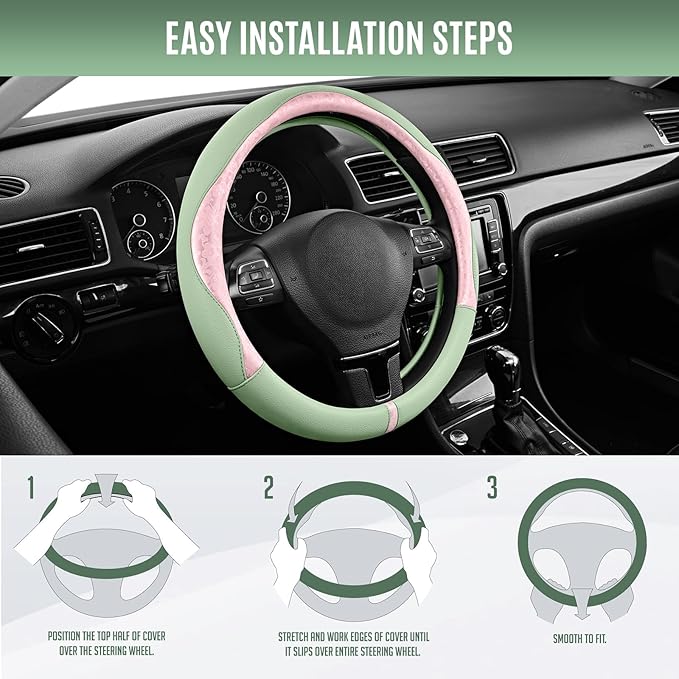 PIC AUTO Steering Wheel Cover, Pink Patterned & Green Leather Patchwork Design, Universal Fit 14.5"–15.5", Anti-Slip, Odor-Fr